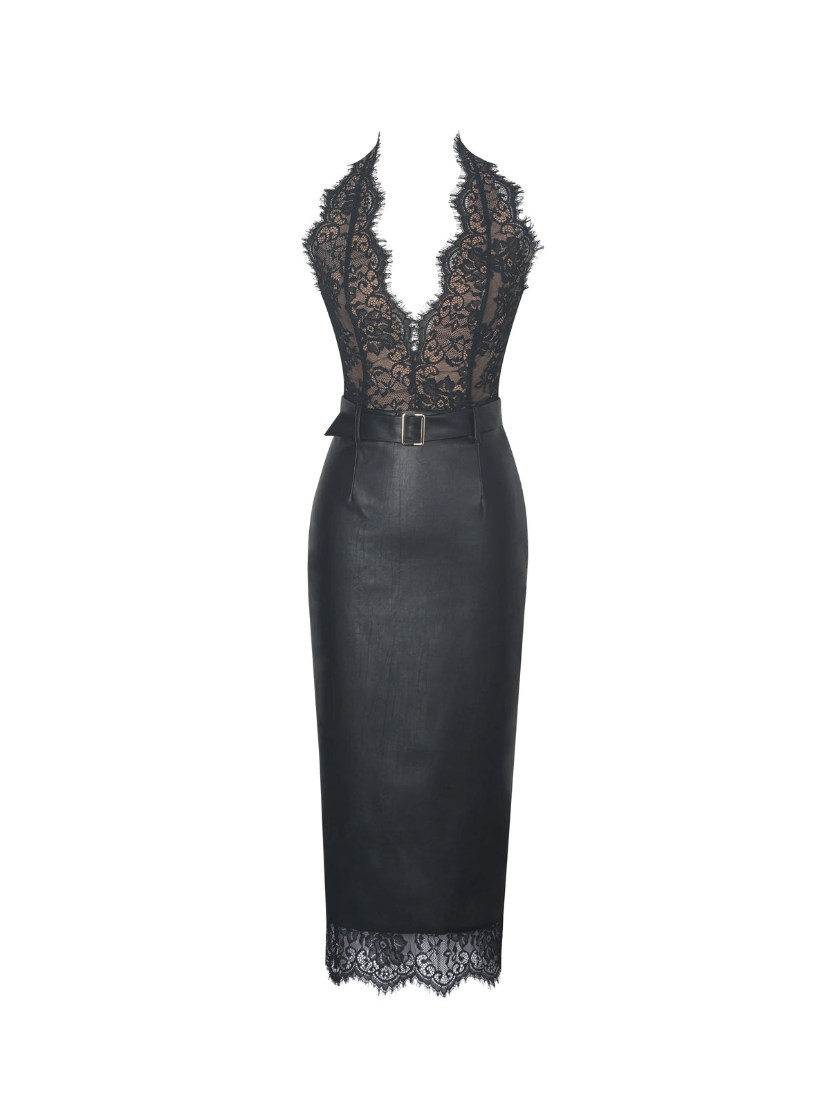 Fiera Black Plunging Halter Belted Midi Dress
