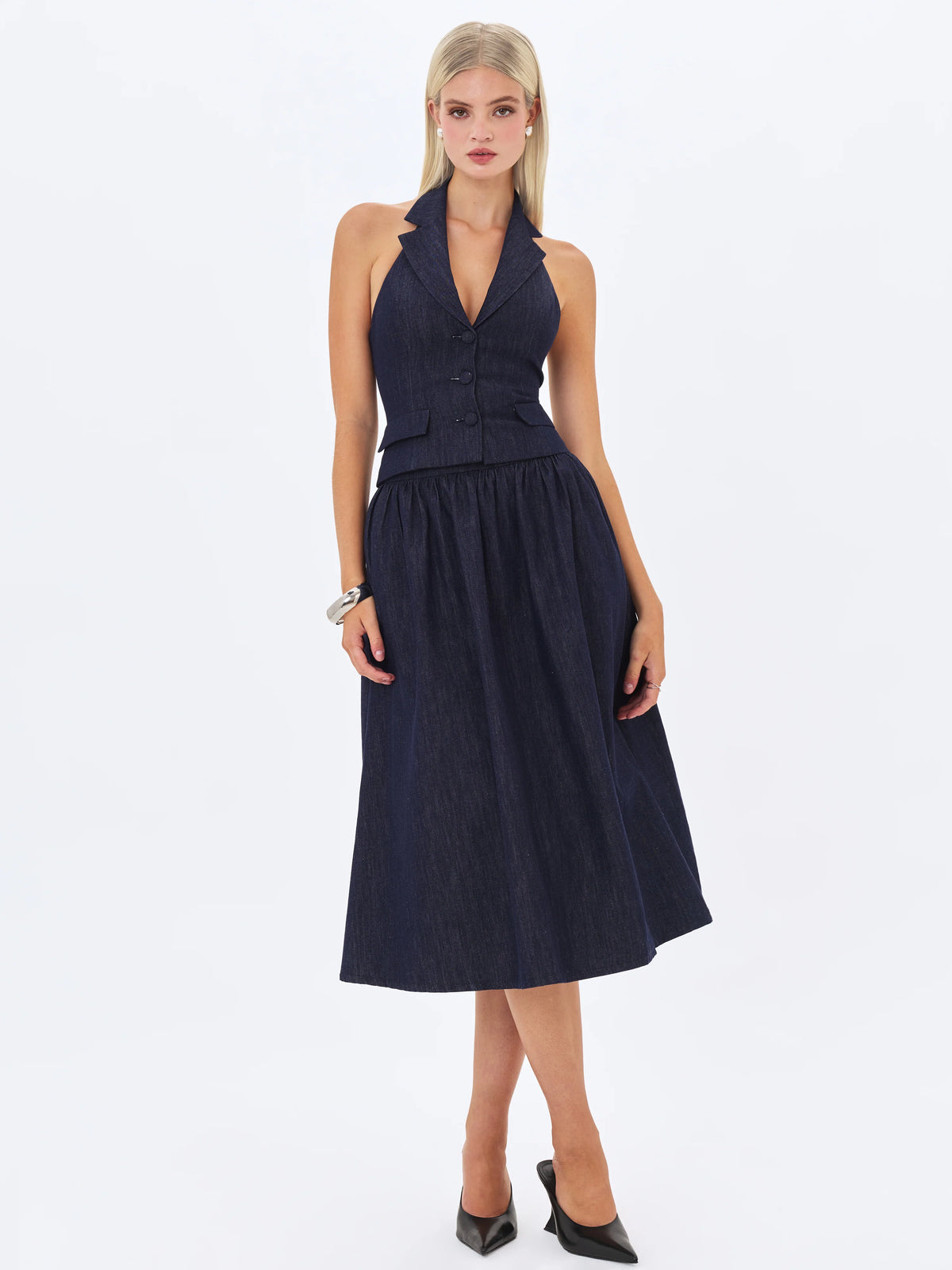 Maevie Indigo Denim Gathered A Line Midi Skirt