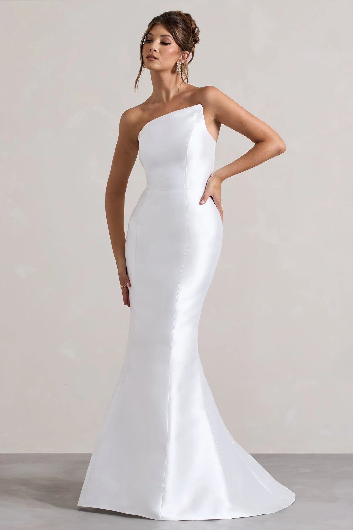 Define White Satin Asymmetric Fishtail Maxi Dress