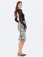 Xylena Black White Zebra Fur Midi Pencil Skirt