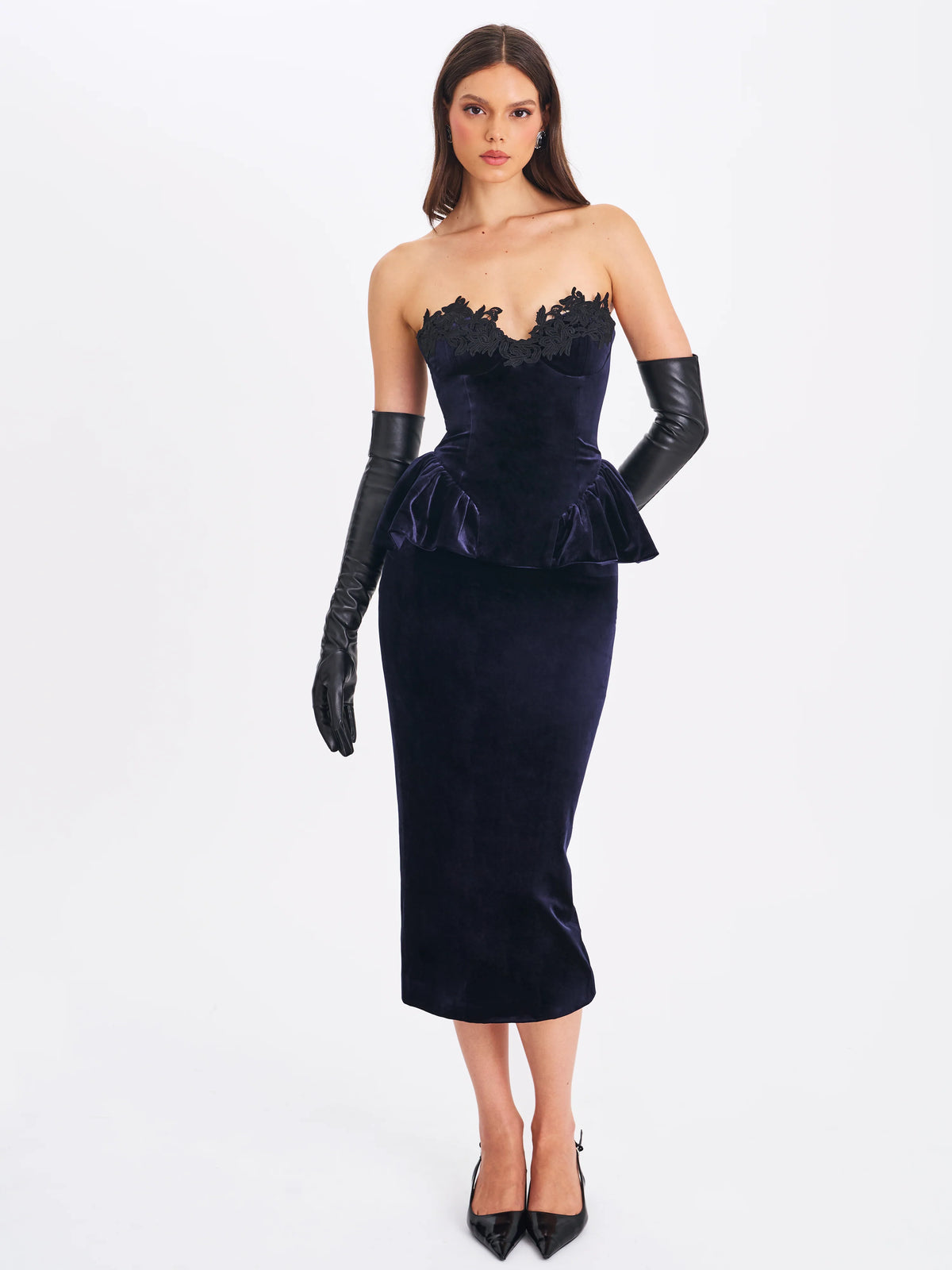 Pascha Black Lace Appliqué Strapless Peplum Midi Dress