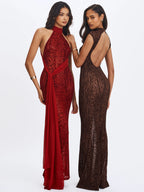 Tyanna Mocha Burnout Velvet Mesh Backless Mermaid Maxi Dress