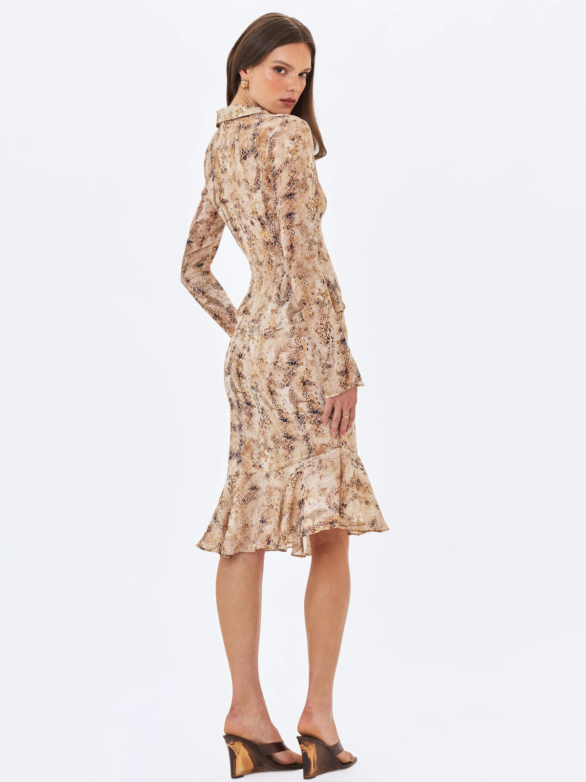 Umarah Tan Reptile Print Asymmetrical Ruffled Skirt