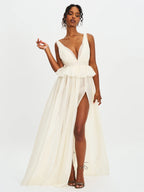 Calleigh Off White Flare Beaded Belt Maxi Gown