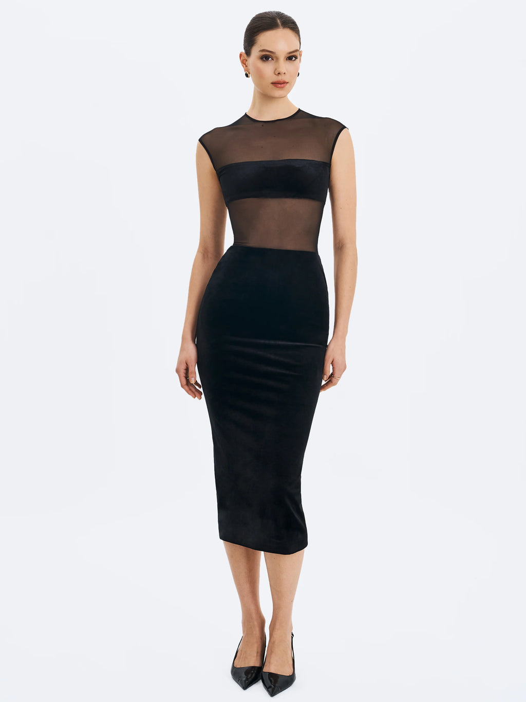 Quielle Black Mesh and Velvet Midi Bodycon Dress