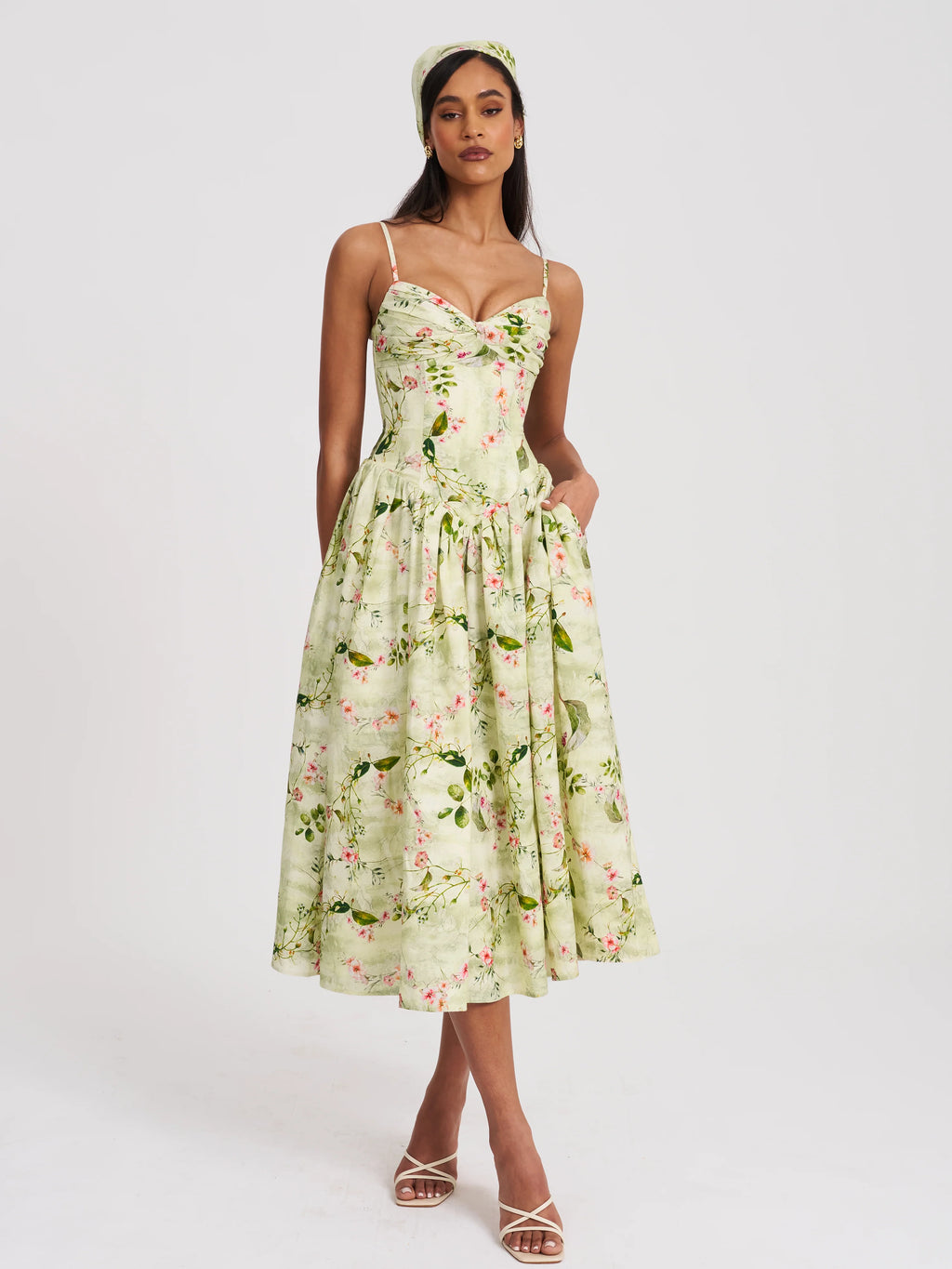 Jacinda Green Floral Print Linen Midi Dress
