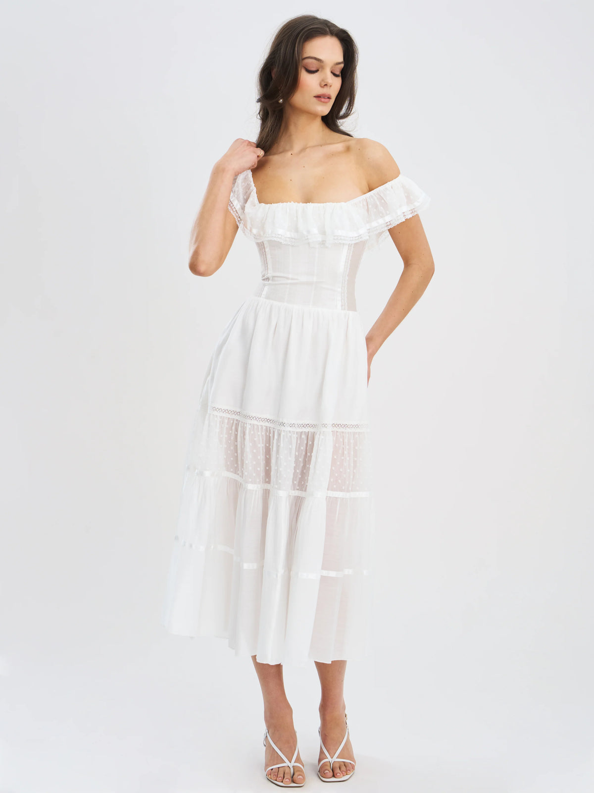 Eden White Tencel Square Neck Ruffle Trim Midi Dress