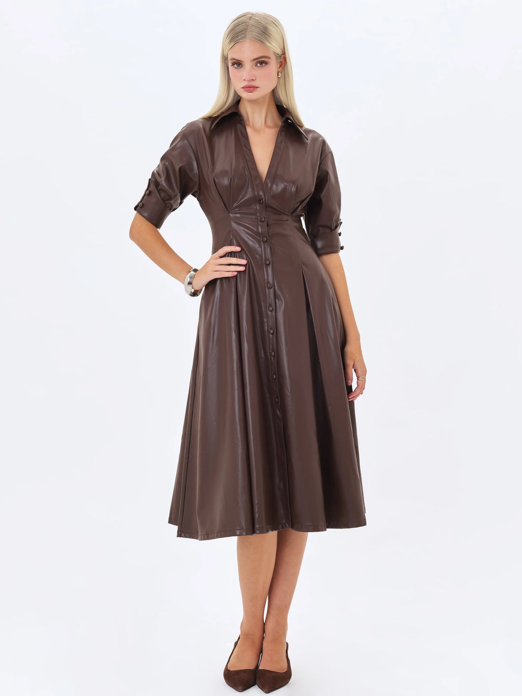 Vilda Espresso Brown Faux Leather Pleated Midi Dress