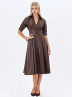 Vilda Espresso Brown Faux Leather Pleated Midi Dress