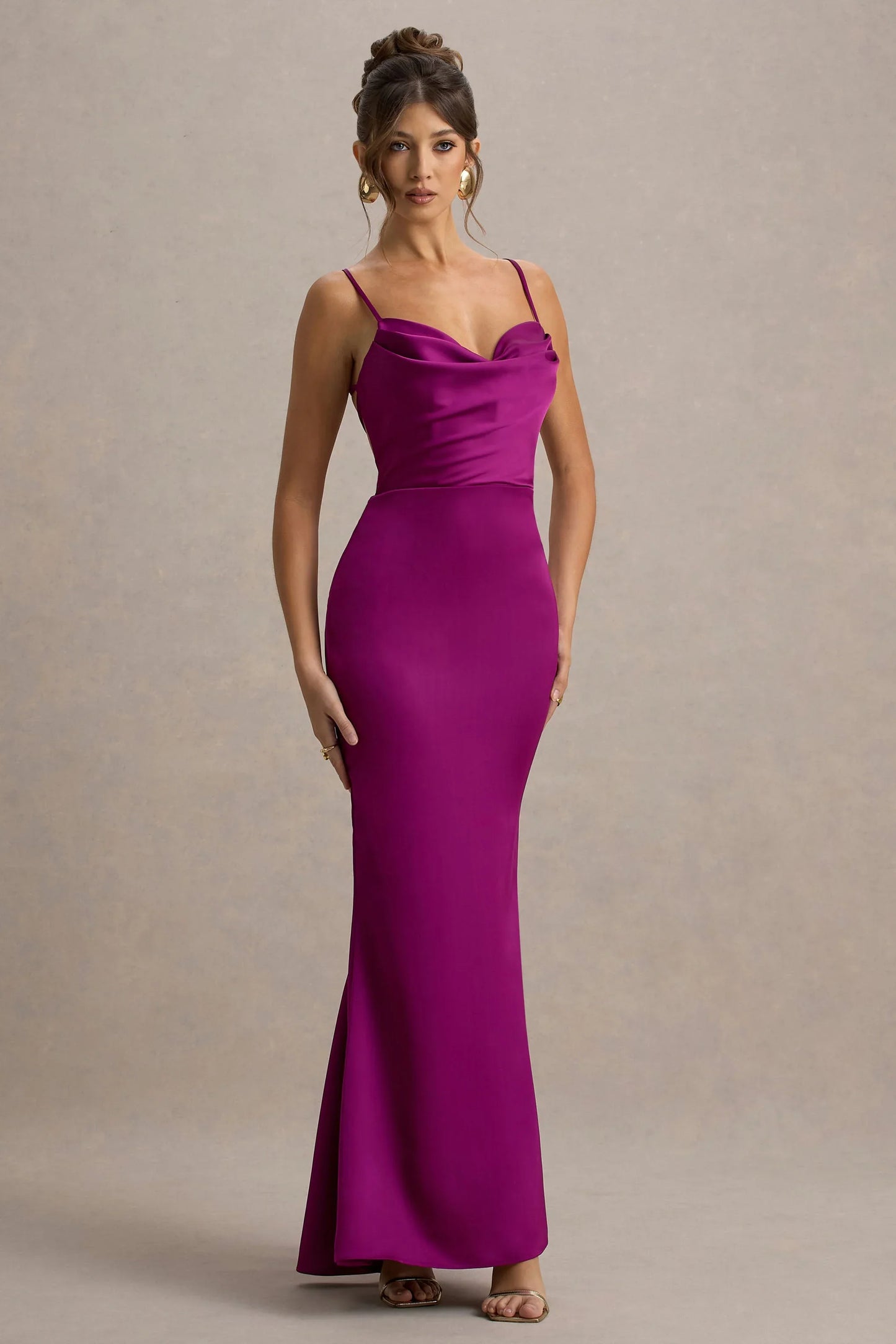Gia Dark Pink Satin Cowl Neck Maxi Dress