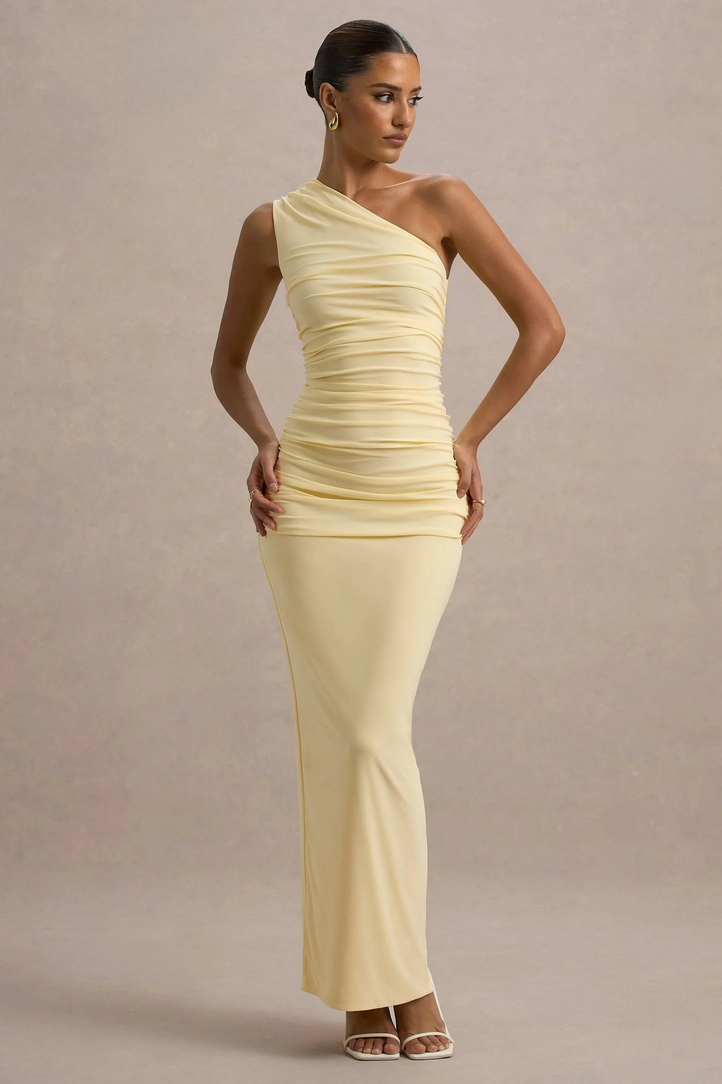 Dalarie Pale Lemon One Shoulder Gathered Maxi Dress