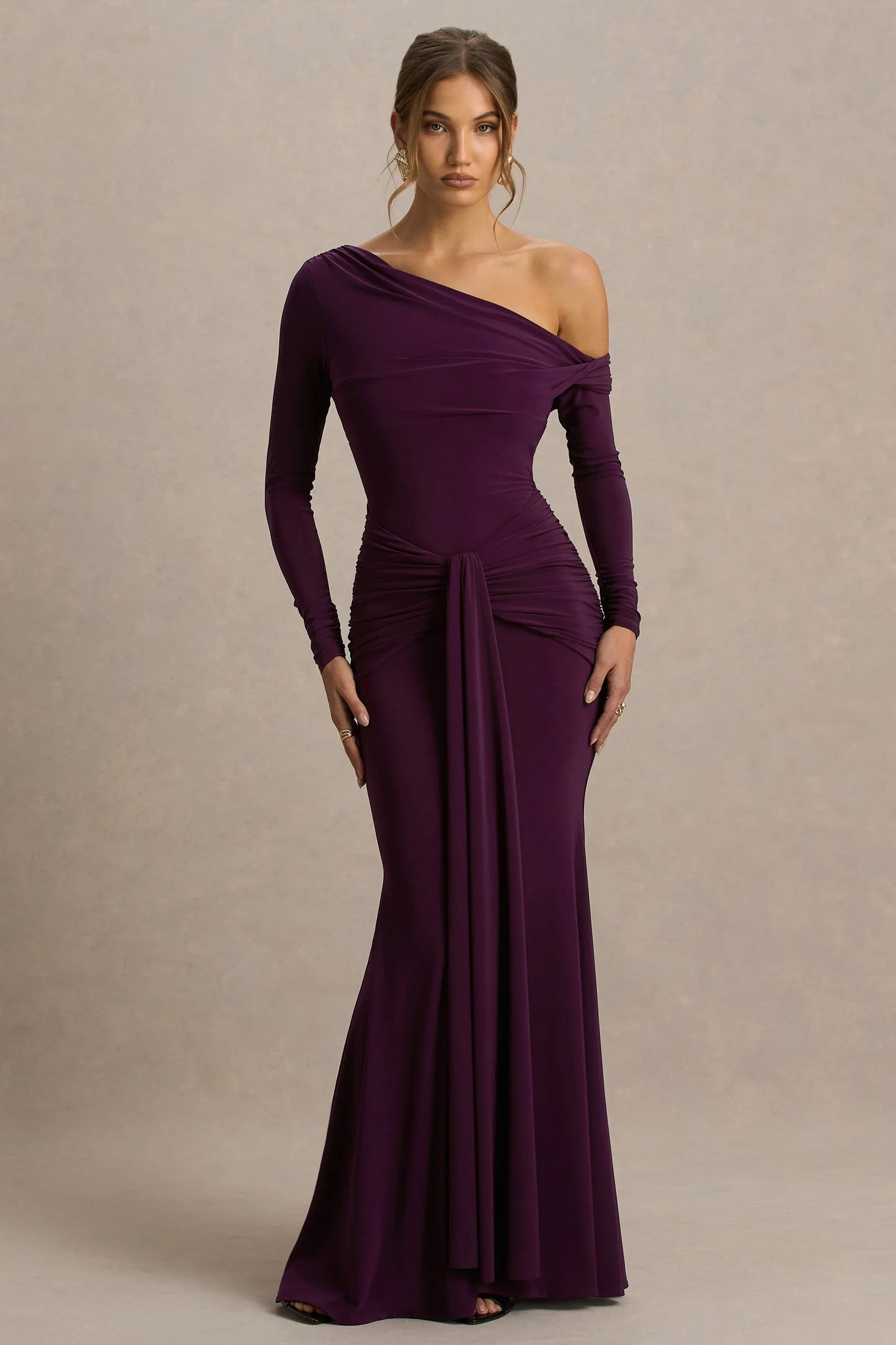 Clover Burgundy Asymmetric Neck Wrapped Maxi Dress With Sash