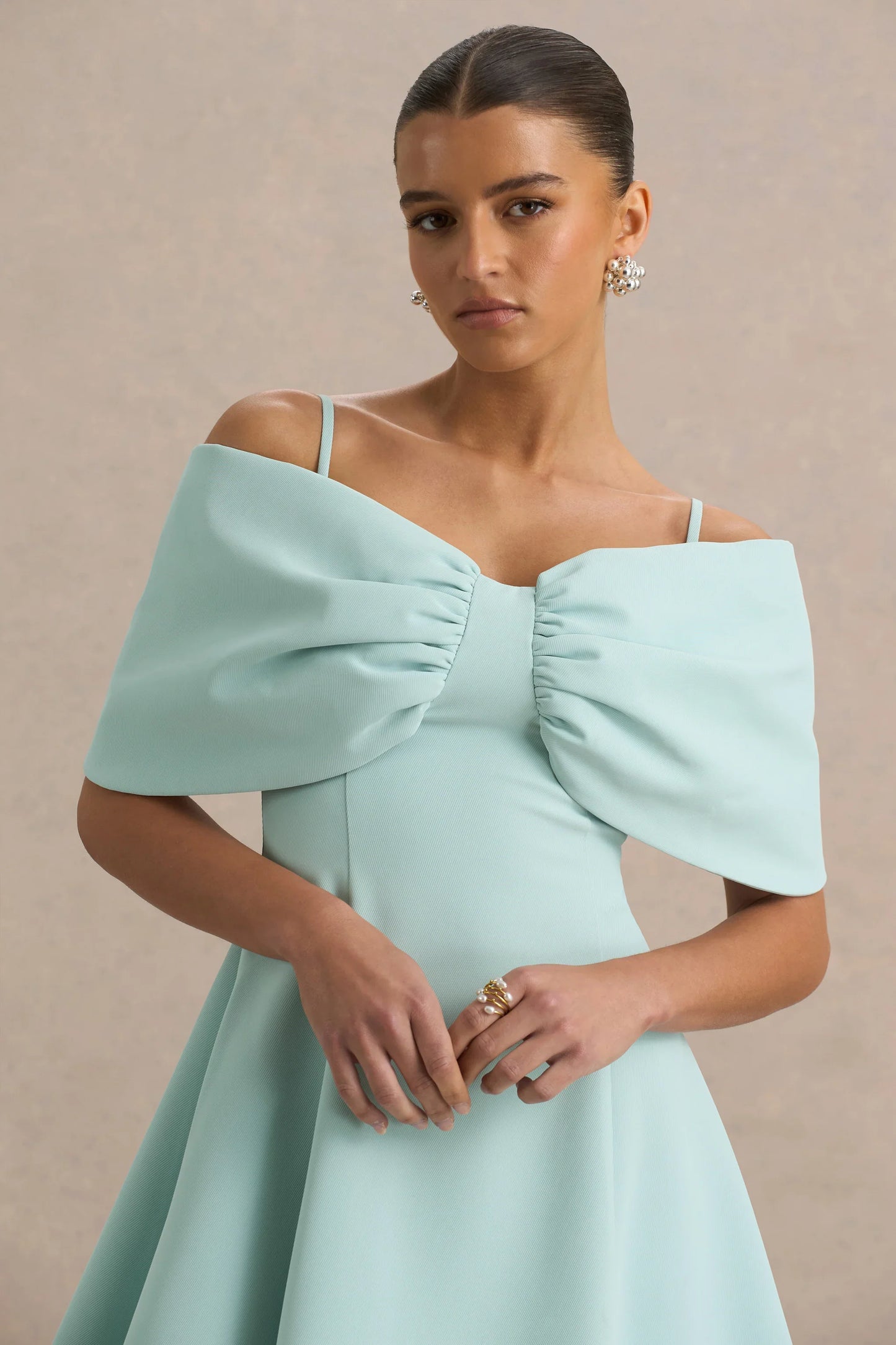 Faria Light Blue Short Sleeve Bardot Mini Dress With Bow Detail