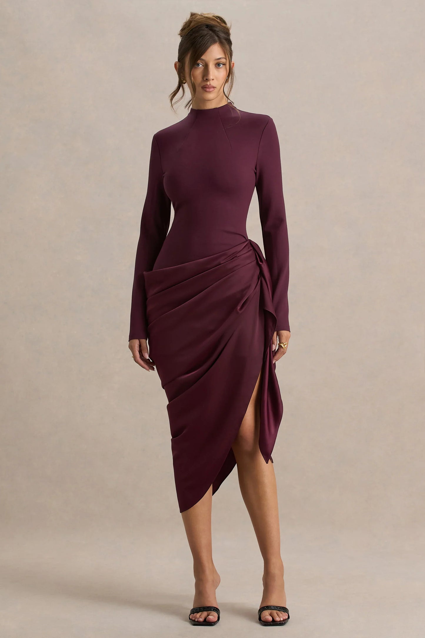 Raffie Plum Long Sleeve Midi Dress With Satin Wrap Skirt
