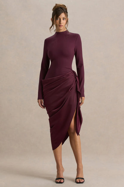 Raffie Plum Long Sleeve Midi Dress With Satin Wrap Skirt