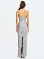Noelle Silver Sequin Pearl Embellished Sweetheart Maxi Dress