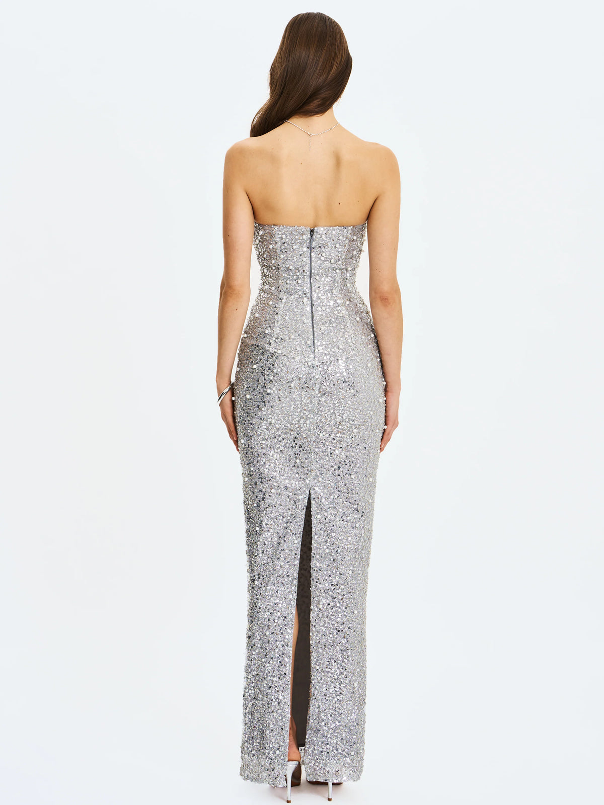 Noelle Silver Sequin Pearl Embellished Sweetheart Maxi Dress