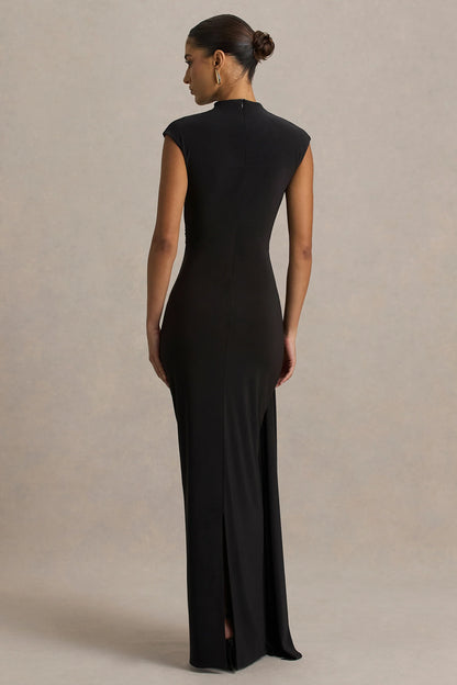 Solene Black High Neck Maxi Dress With Wrap And Drape Detail