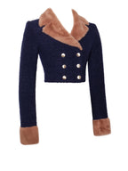 Wava Navy Blue Double Breast Fur Trim Cropped Boucle Wool Jacket Archive Sale