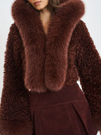 Kali Mahogany Cropped Vegan Shearling Fur Jacket