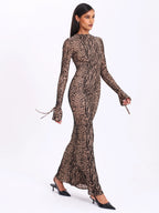 Waylynn Nude Black Animal Print Burnout Velvet Detail Mesh Backless Maxi Dress