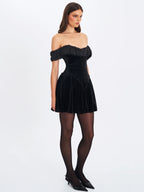 Daisha Black Lace Trimmed Off Shoulder Ruched Mini Dress