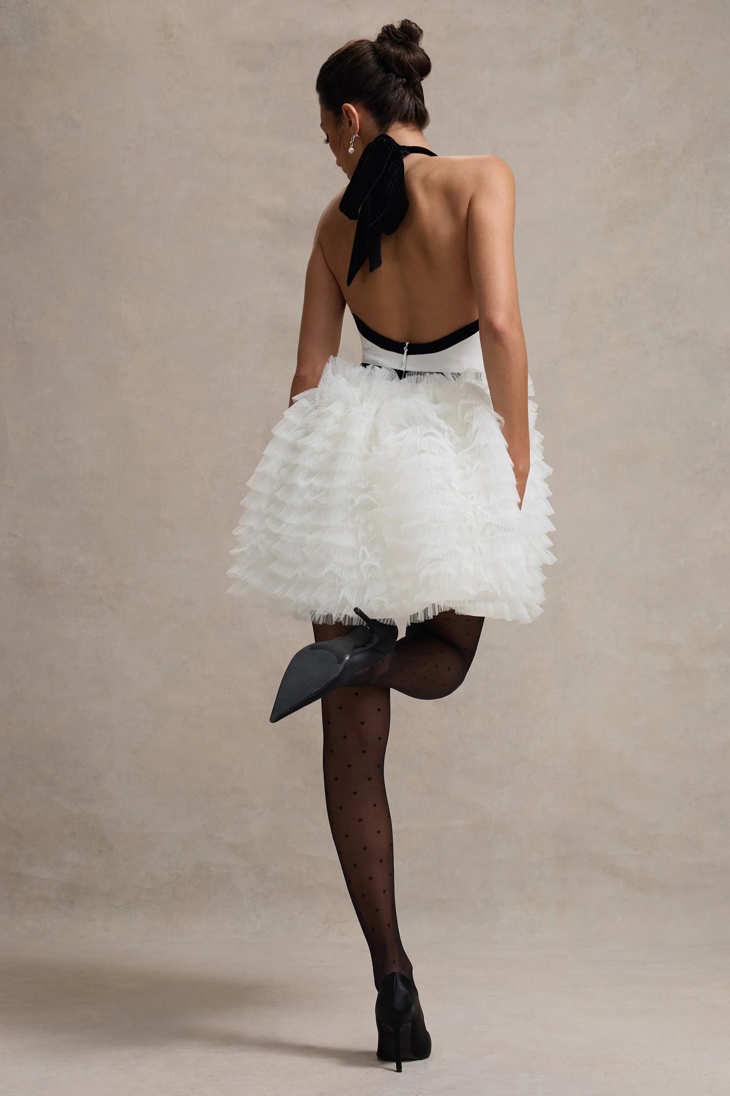 Eclair Black White Plunge Neck Mini Dress With Tulle Skirt
