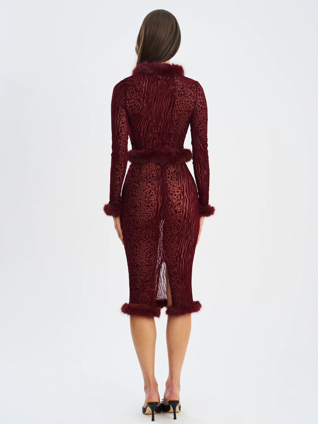 Halia Burgundy Animal Print Burnout Velvet Fur Trim Skirt