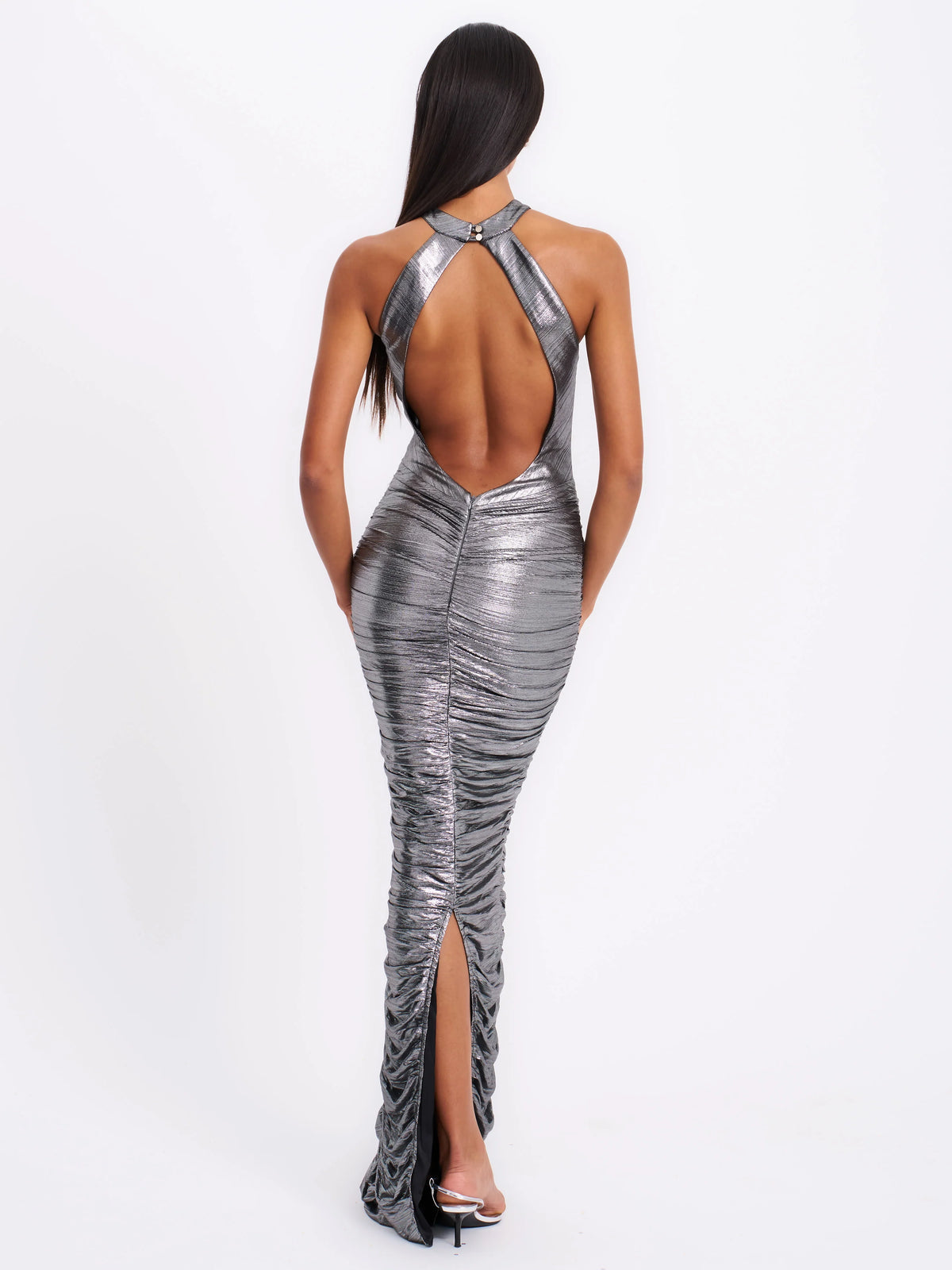 Abril Ruched Silver Glitter Backless Gown
