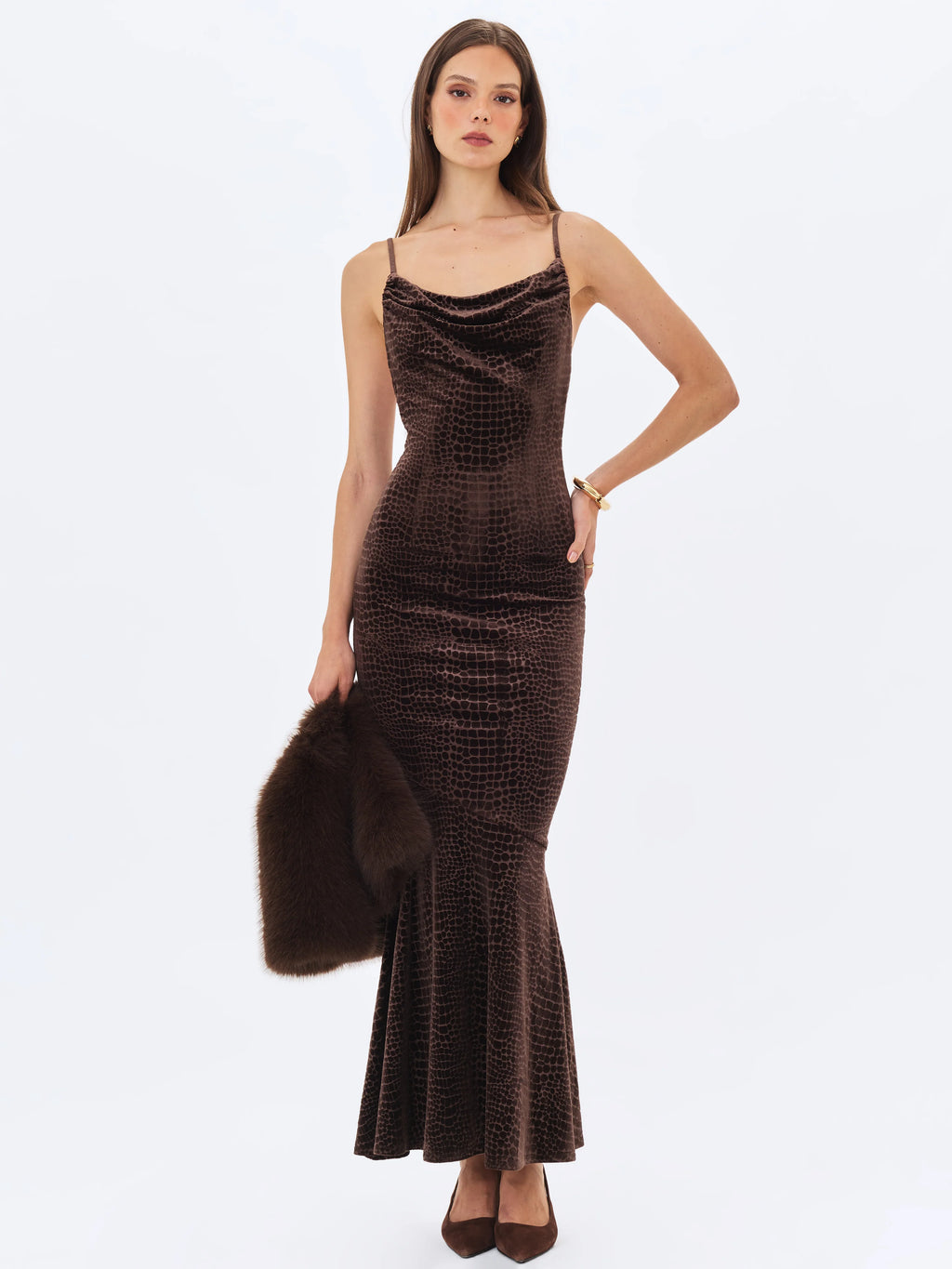 Veronique Brown Croc Embossed Velvet Cowl Neck Mermaid Maxi Dress