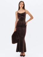 Veronique Brown Croc Embossed Velvet Cowl Neck Mermaid Maxi Dress