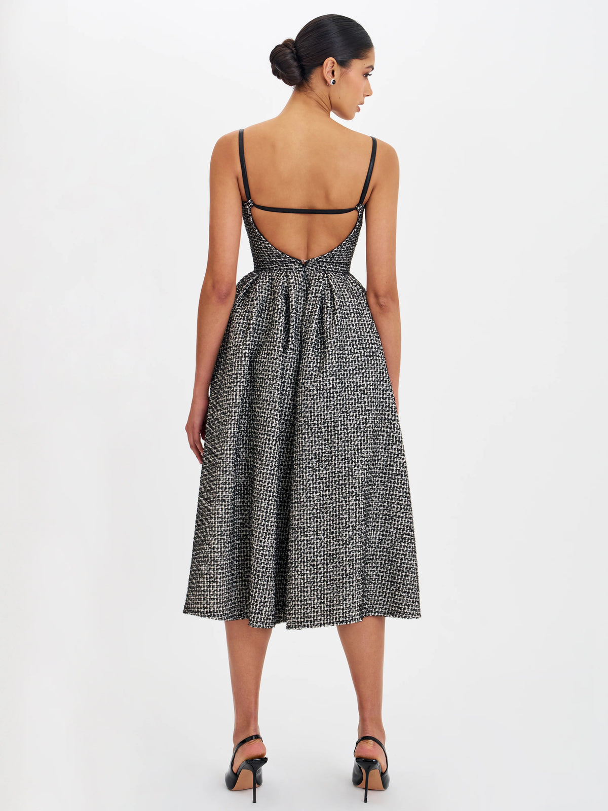 Katalina Black White Tweed Backless Midi Dress