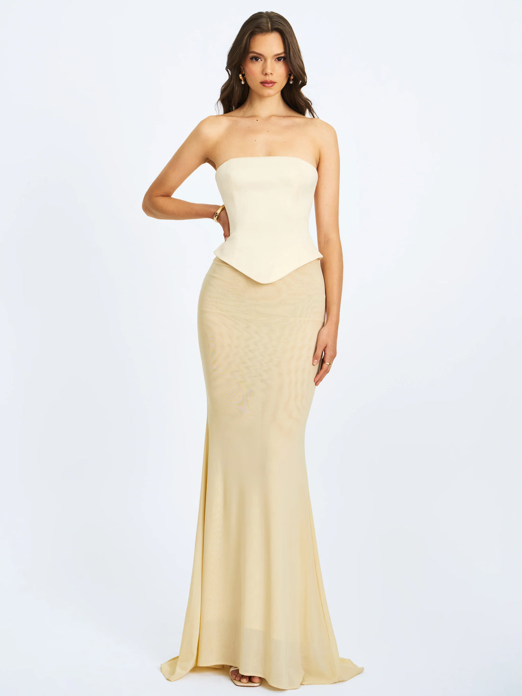 Adelina Butter Yellow Peplum Mermaid Gown with Lace up Back