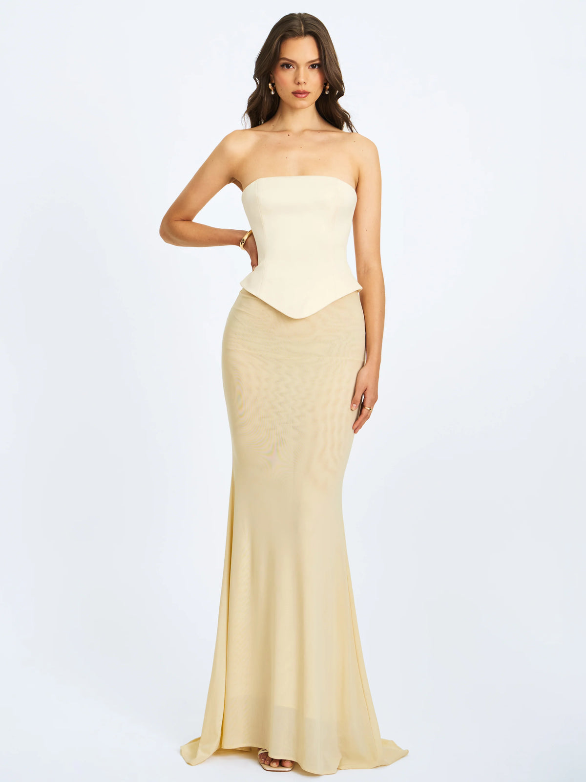 Adelina Butter Yellow Peplum Mermaid Gown with Lace up Back