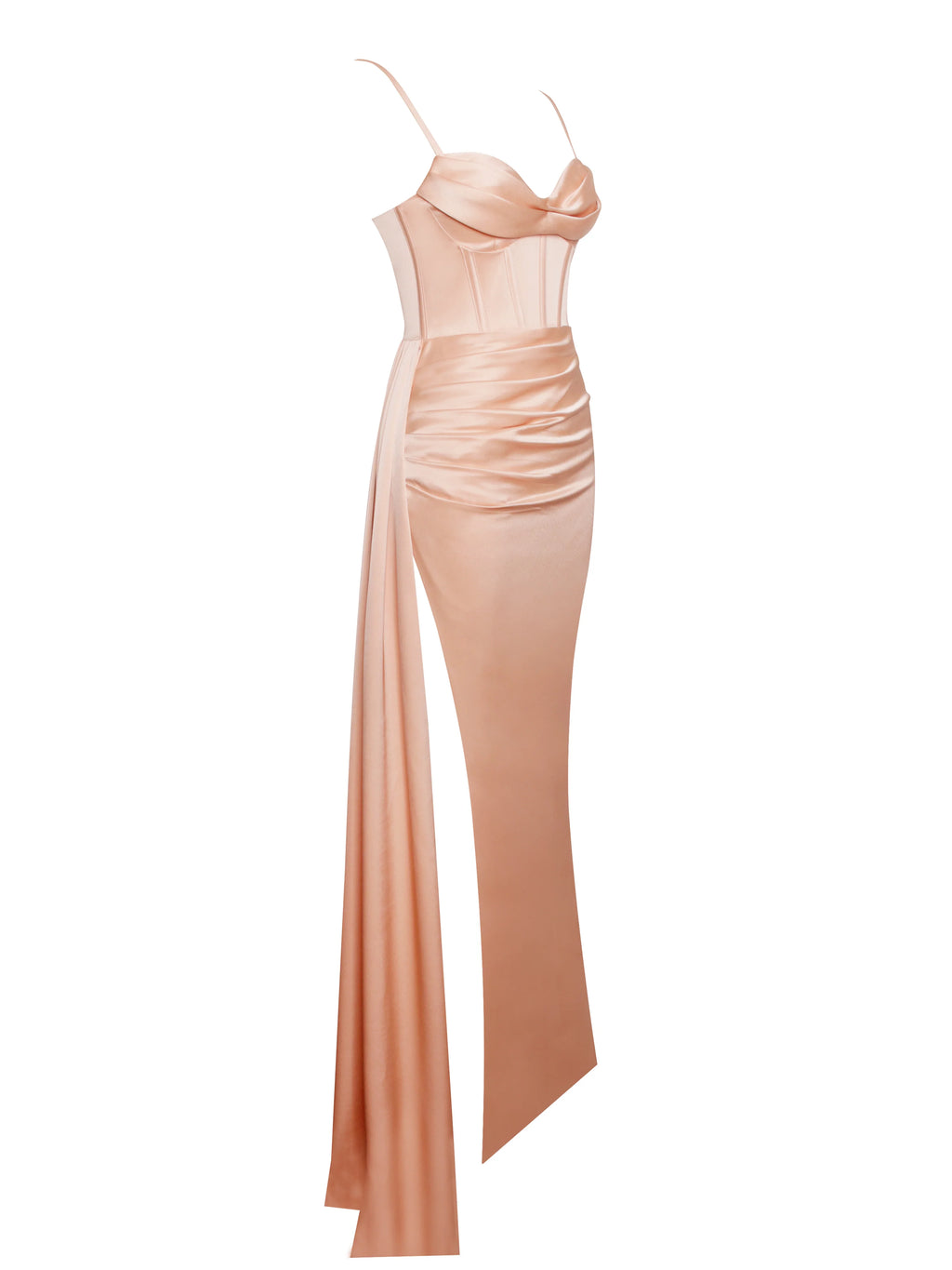 Elayna Blush Strappy Satin Corset High Slit Gown Archive Sale