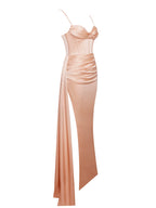 Elayna Blush Strappy Satin Corset High Slit Gown Archive Sale