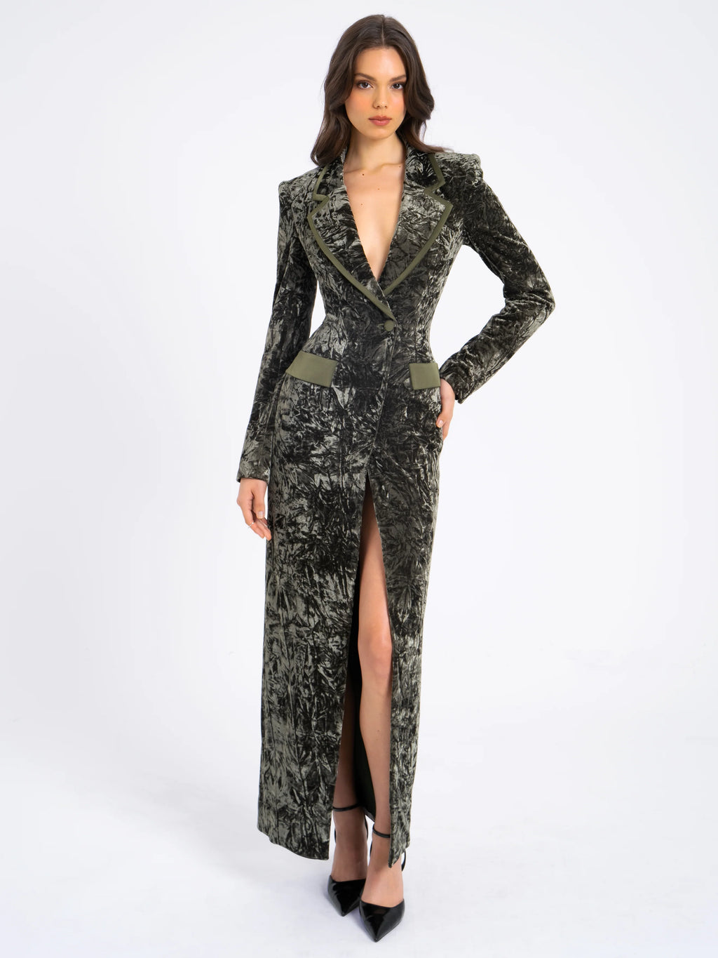 Willow Green Glossy Velvet High Slit Blazer Gown Archive Sale
