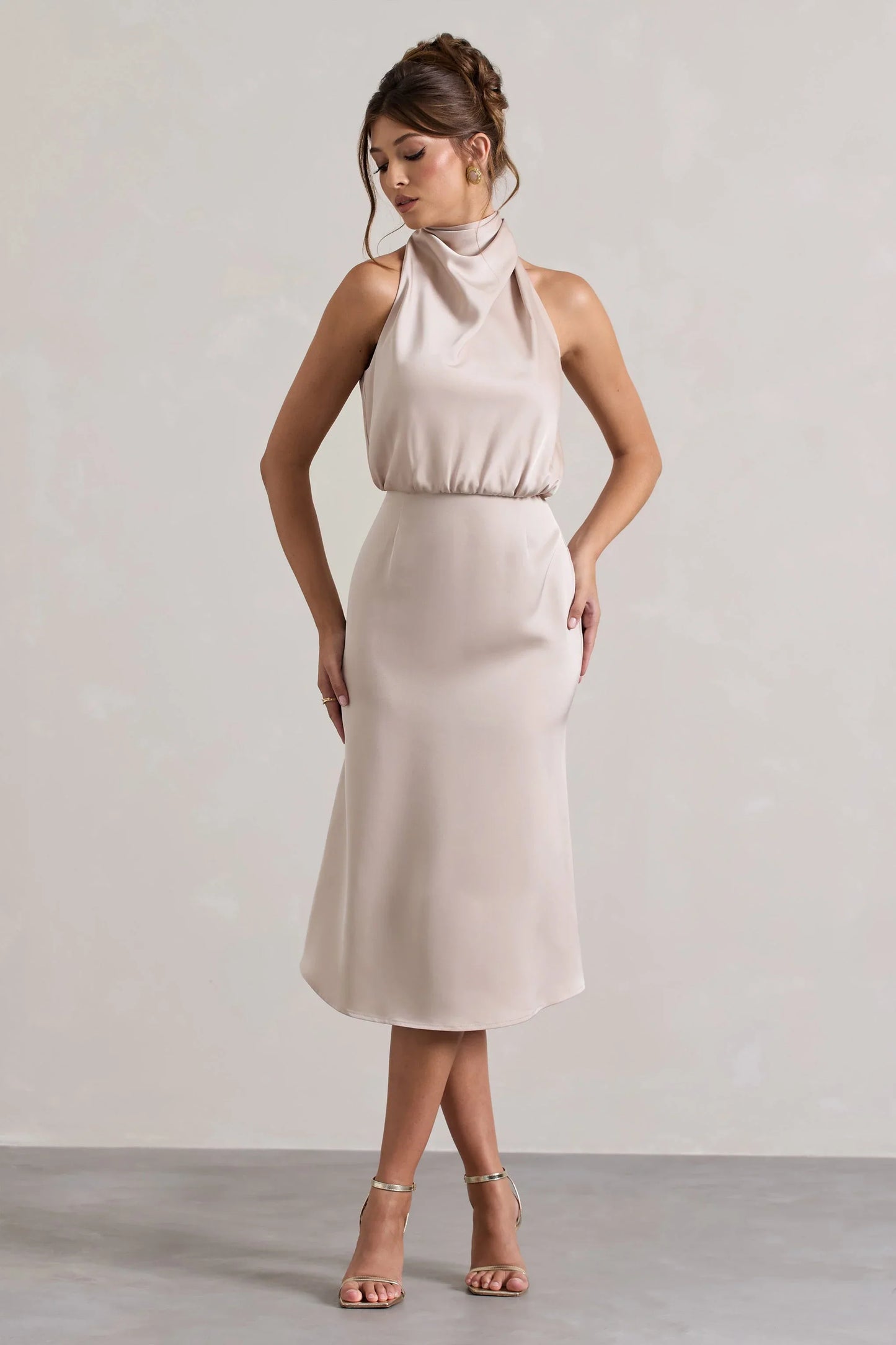 Geena Champagne Satin Twisted High Neck Midi Dress