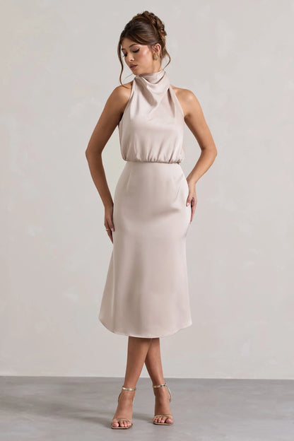 Geena Champagne Satin Twisted High Neck Midi Dress