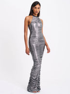 Abril Ruched Silver Glitter Backless Gown