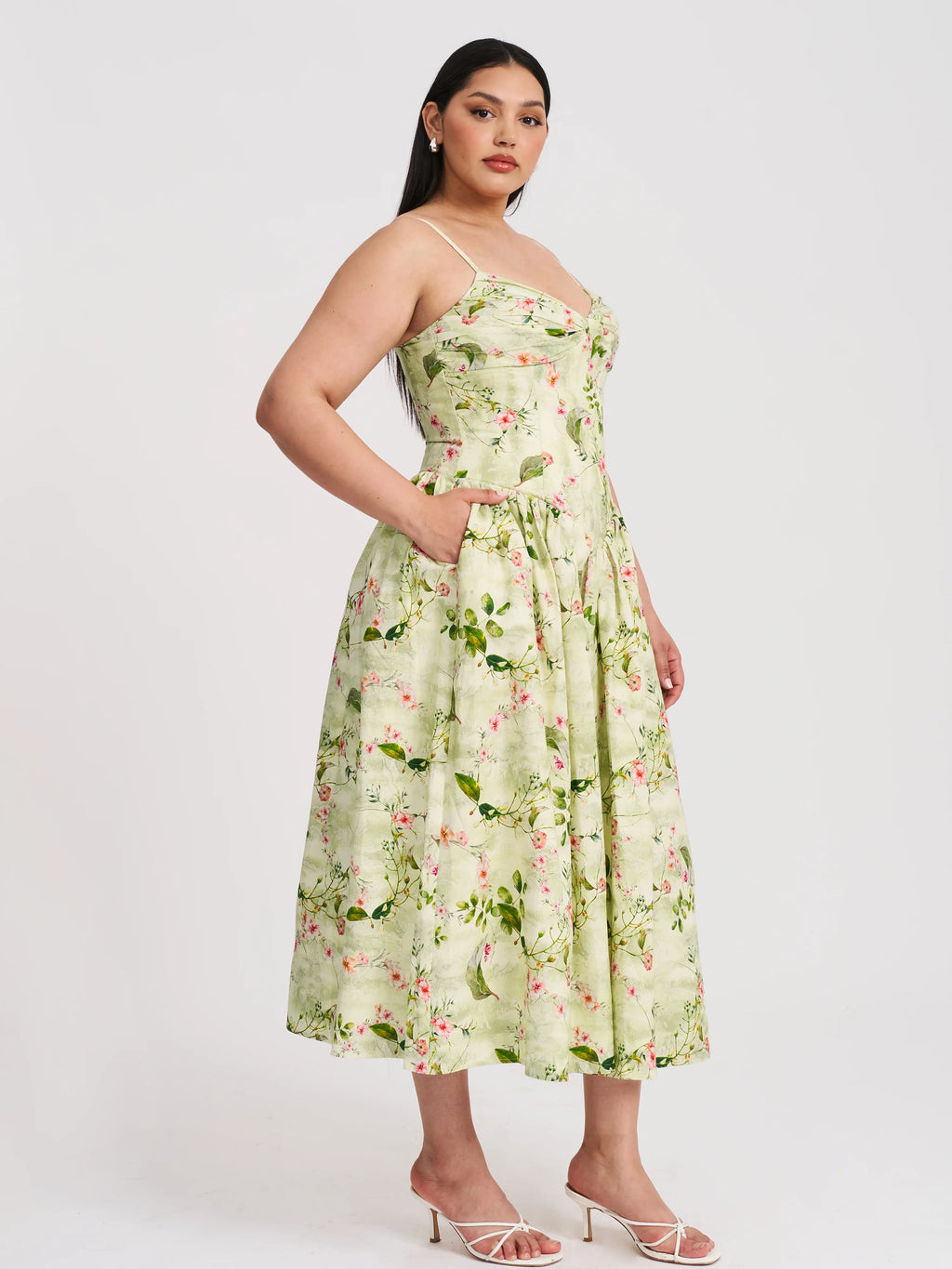Jacinda Green Floral Print Linen Midi Dress