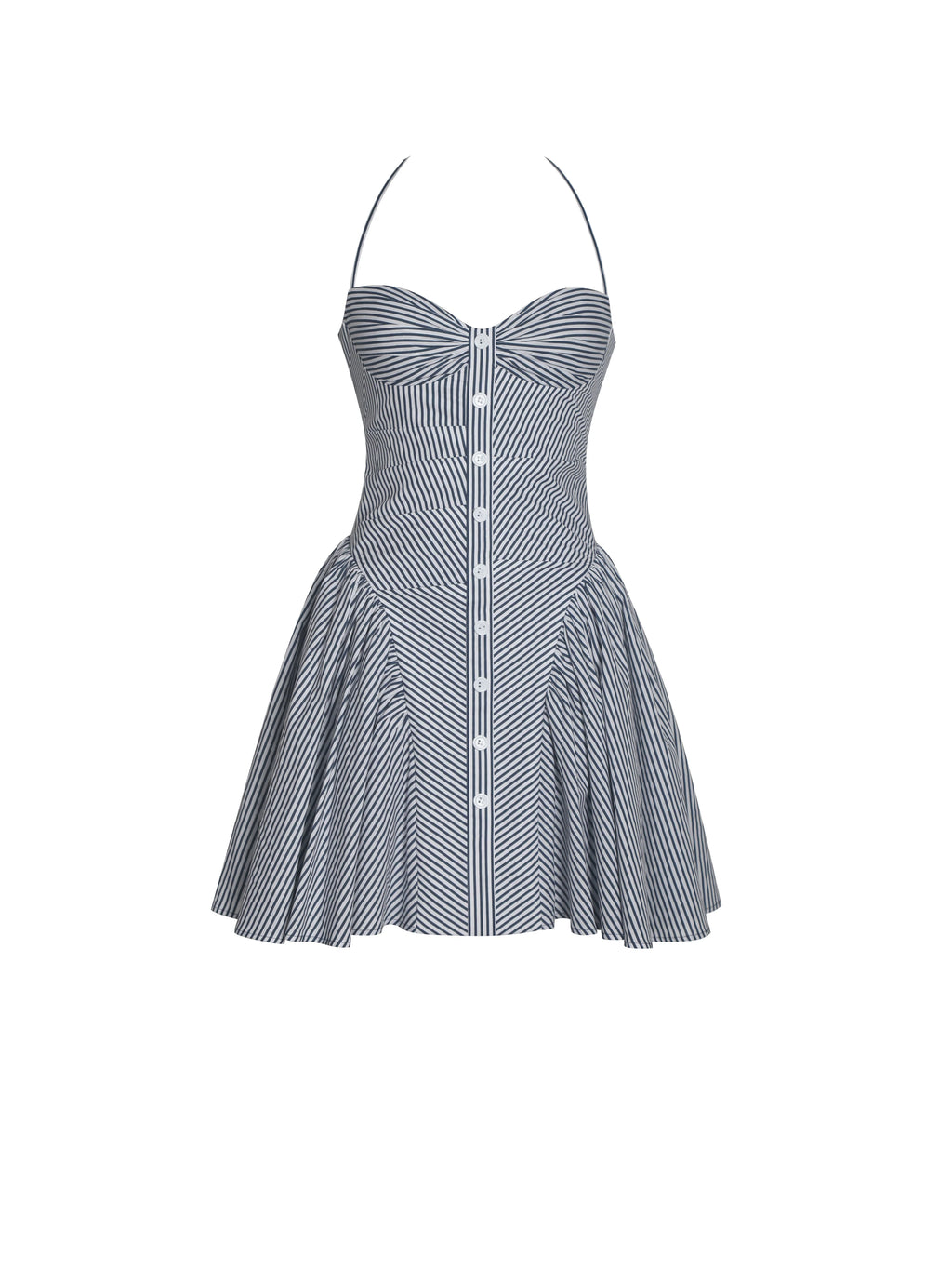 Melody Navy Blue Cotton Poplin Stripe Halter Drop Waist Mini Dress
