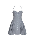Melody Navy Blue Cotton Poplin Stripe Halter Drop Waist Mini Dress