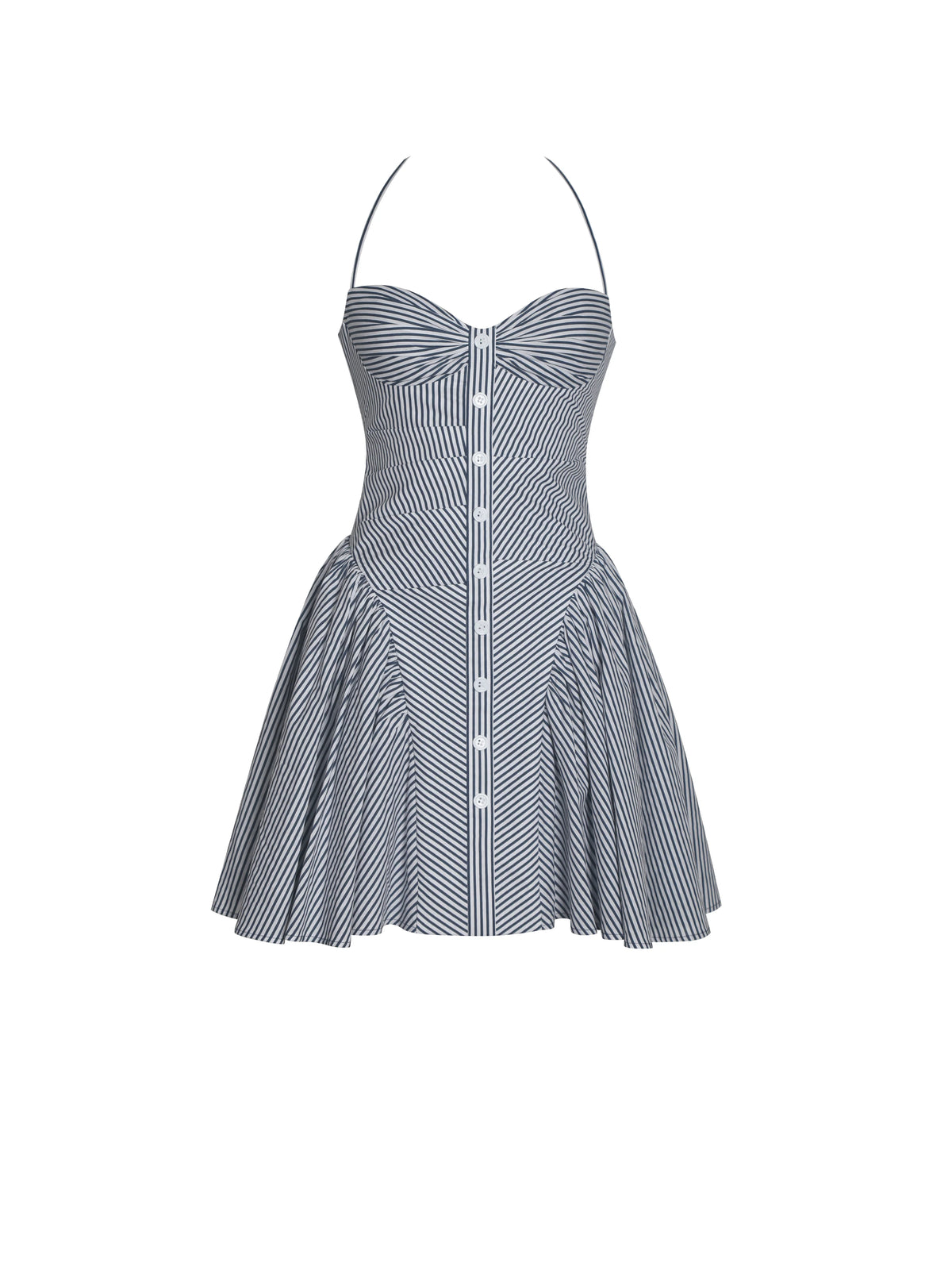 Melody Navy Blue Cotton Poplin Stripe Halter Drop Waist Mini Dress