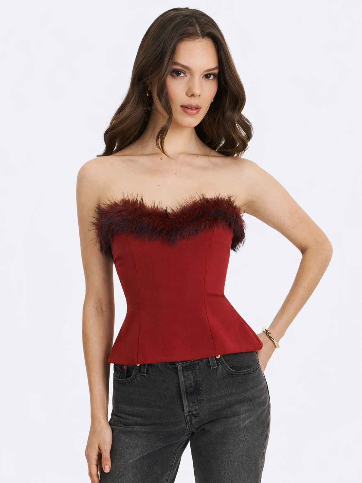 Ivette Crimson Fur Trimmed Peplum Top