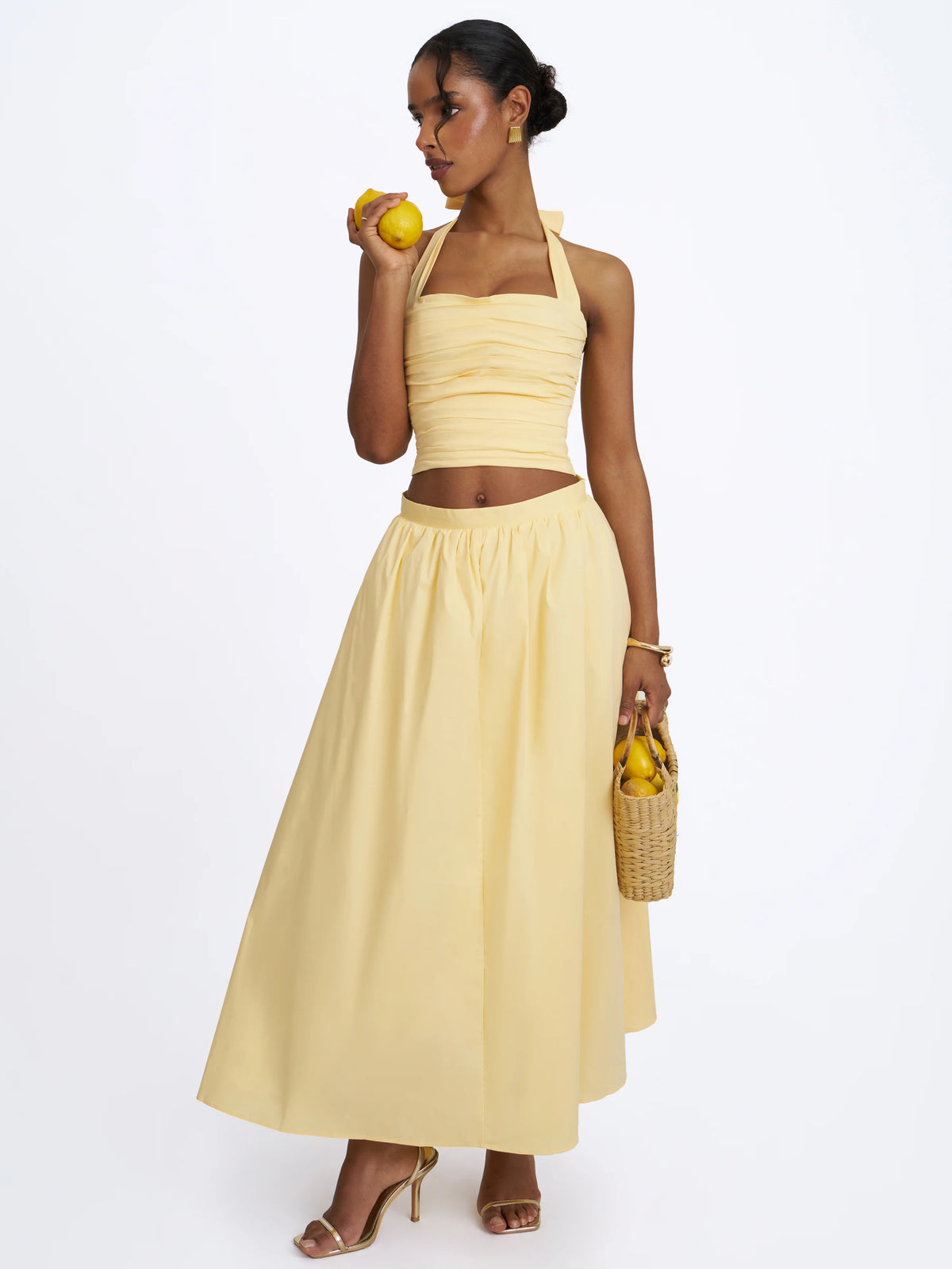 Wina Lemon Yellow Cotton Poplin Low Waisted Maxi Skirt