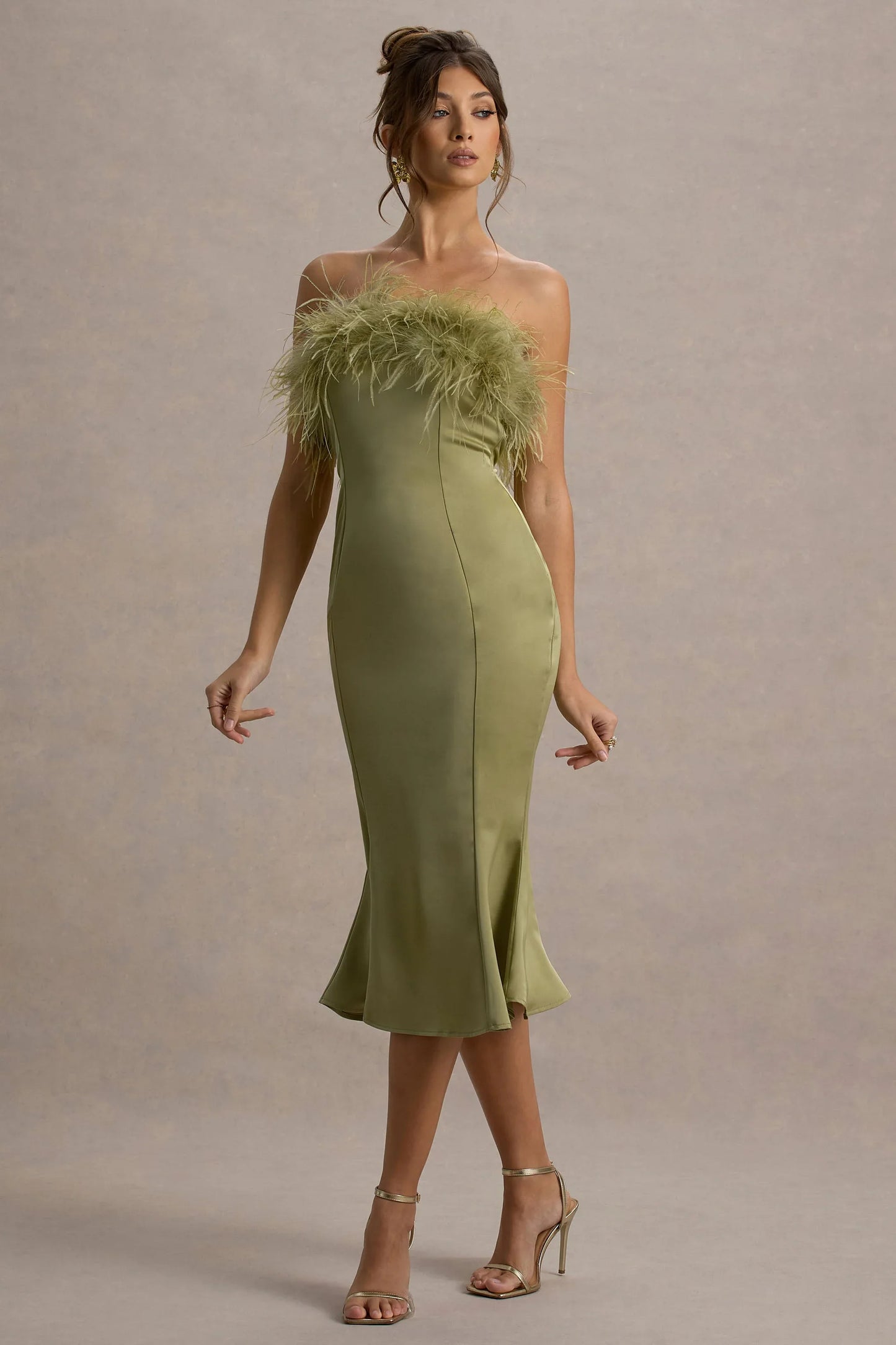 One And Only Light Green Satin Feather Trim Bandeau Midi Dress