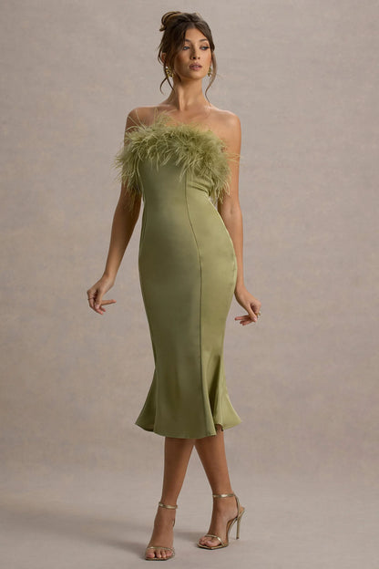 One And Only Light Green Satin Feather Trim Bandeau Midi Dress