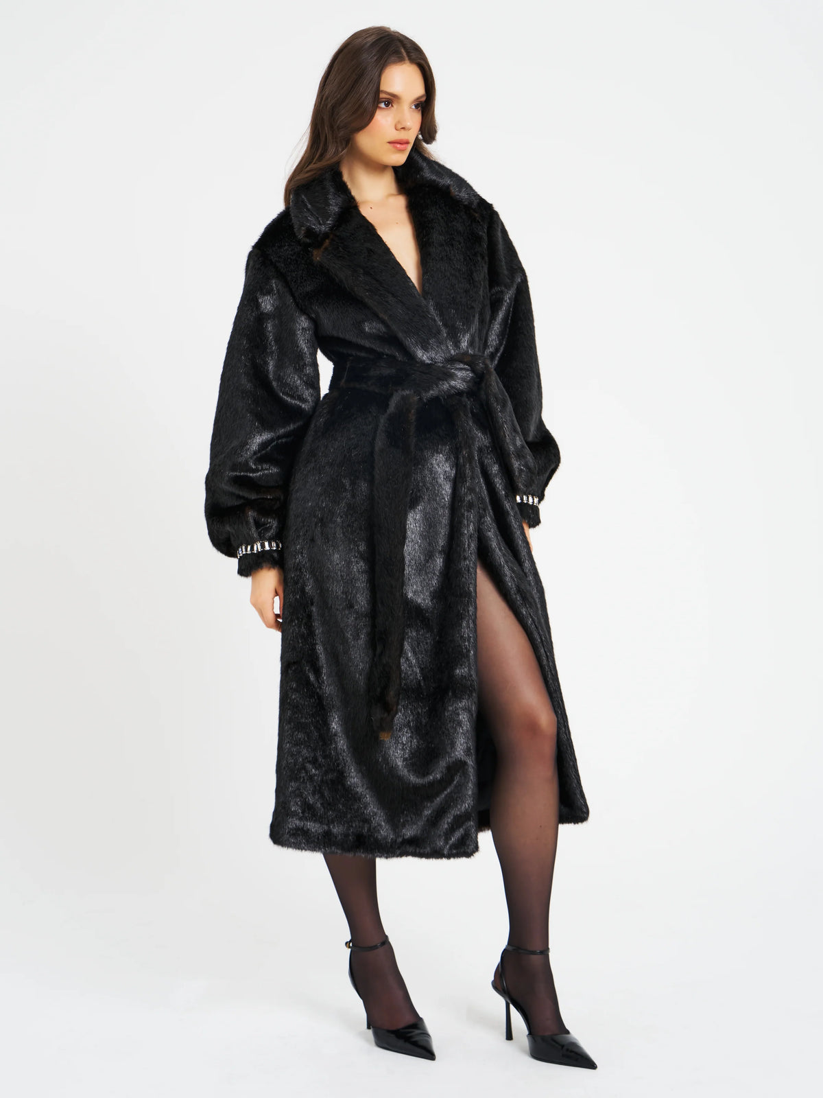 Yahia Black Vegan Long Faux Mink Coat Archive Sale