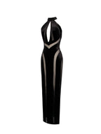 Paityn Black Velvet Mesh Cutout Halter Gown